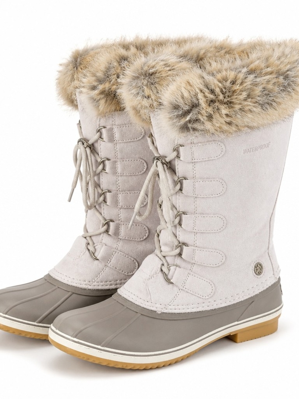 Waterproof Faux-Fur Trim Winter Boots in Light Gray
